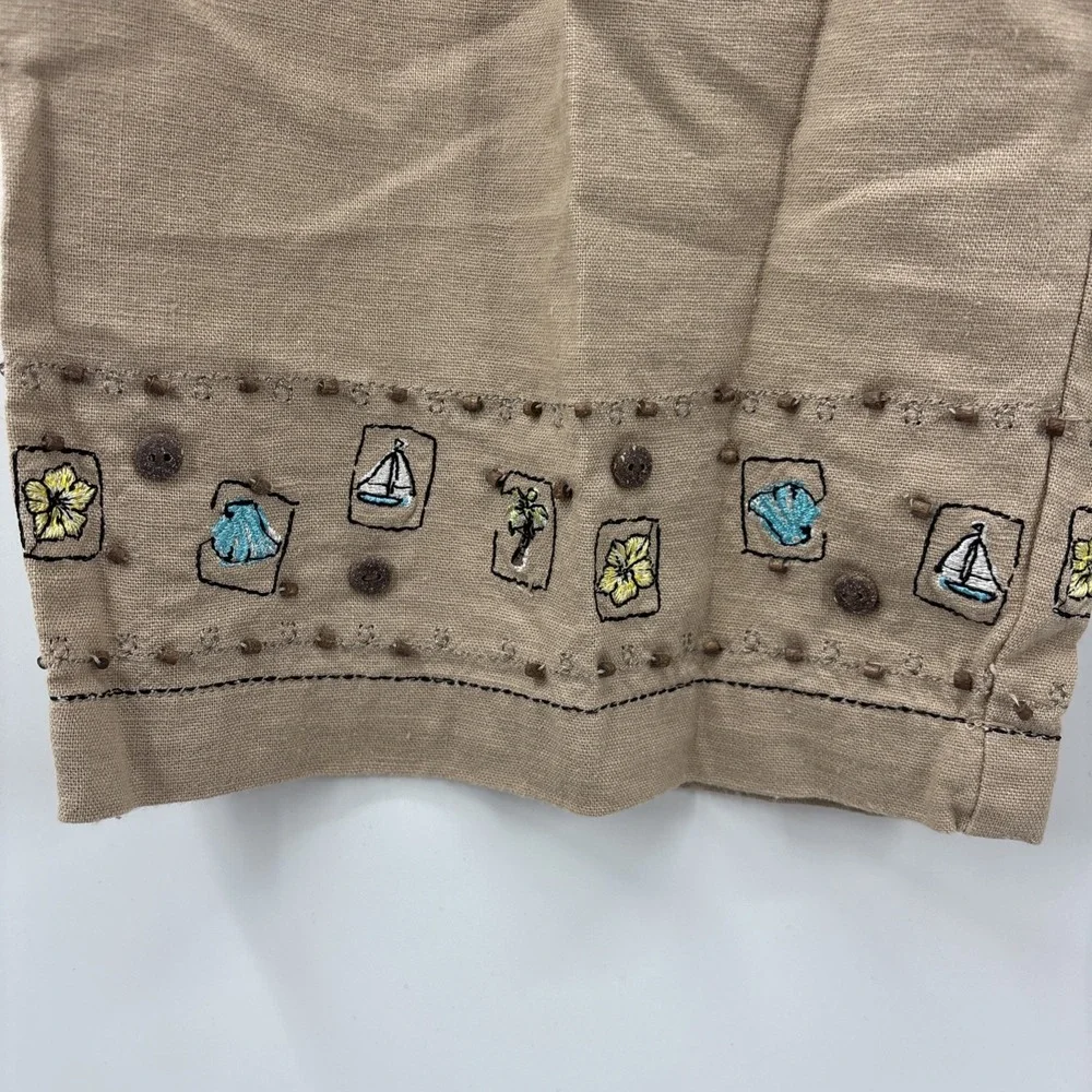 CJ Banks Linen Cotton Wide Leg Pants Womens 14W Beige Neutral‎ Embroidered Boho